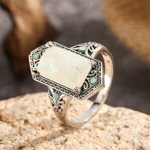 White Opal Antique Style Silver Ring
